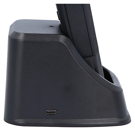 Zijaanzicht van een zwart laadstation voor een draadloze telefoon, met USB-C-poort.